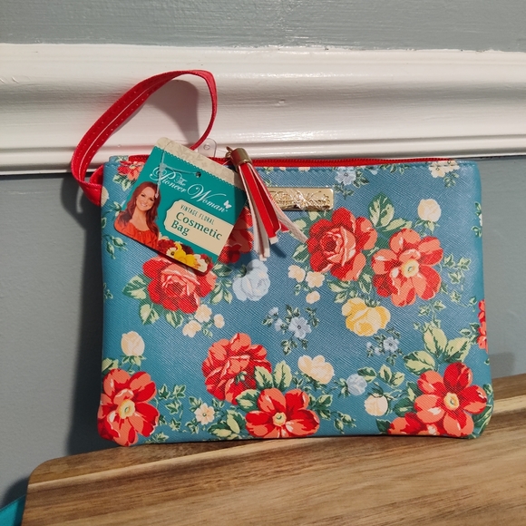 🌺 2022 New Pioneer Woman Vintage Floral Teal Blue & Red Cosmetic Bag - Picture 2 of 4